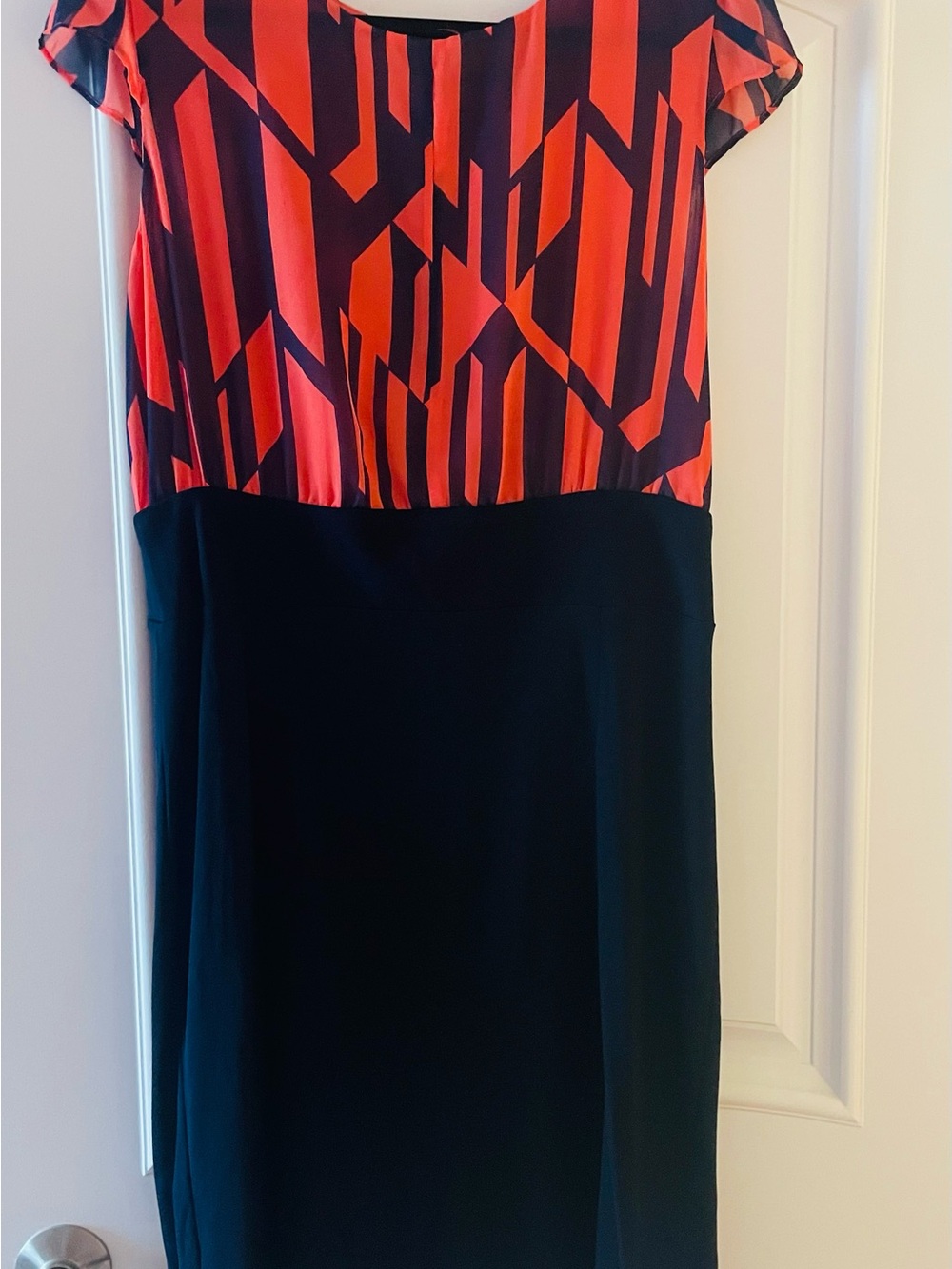 MNG by Mango Blue and Coral Geometric Cap-Sleeve Dress
